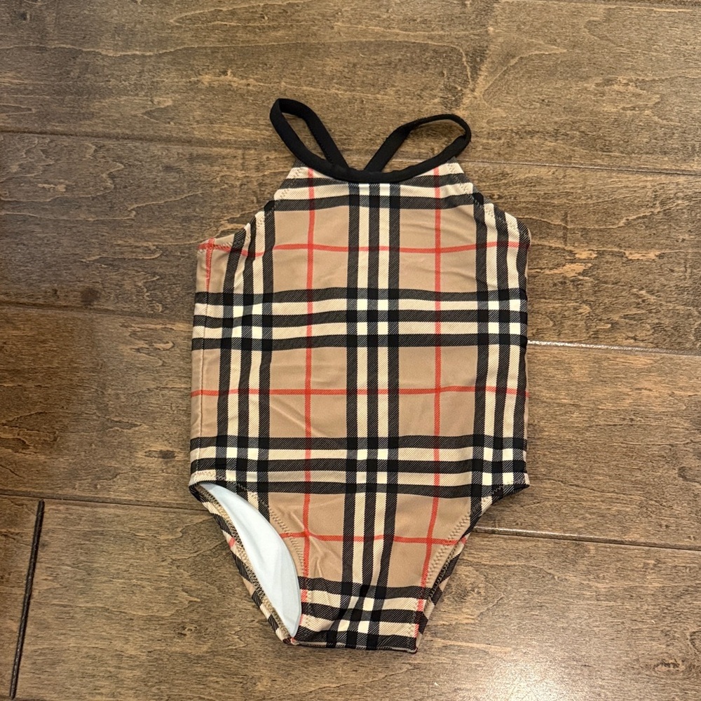 Burberry Kids One Piece Swimsuit in Tan and Black